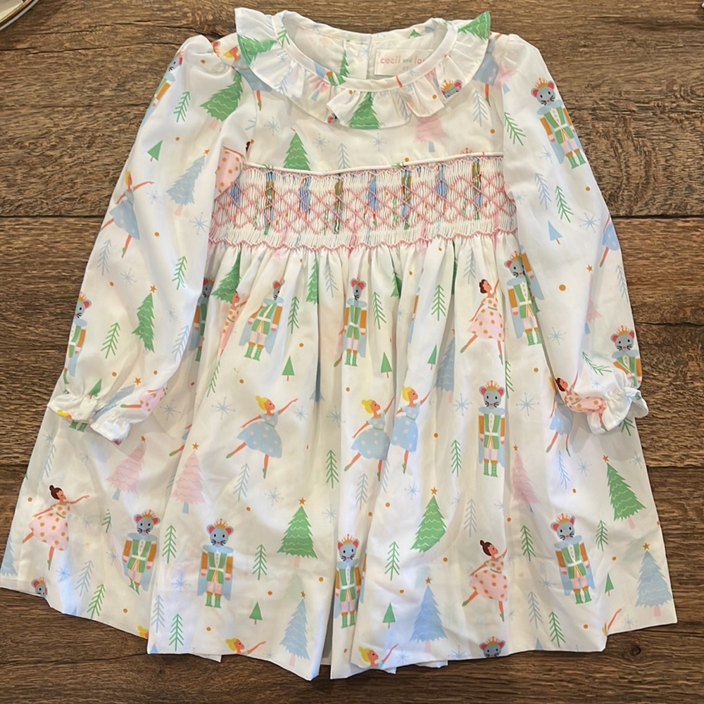 Smocked Holiday Nutcracker Print Long-Sleeve Dress - White